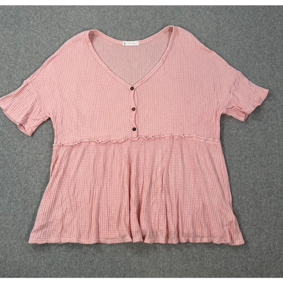 FSL Apparel Waffle Knit Ruffle Hem Top Women's Medium Pink V-Neck Short Sleeve - Picture 1 of 8